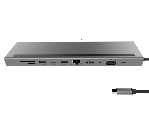 Концентратор ZAMAX 11 в 1 Type-C USB-C to HDMI (HDTV) + 3 USB 3.0 + PD + USB-C + VGA + SD/TF Card Reader + LAN (Rj45) + AUX (3.5 mm Audio)