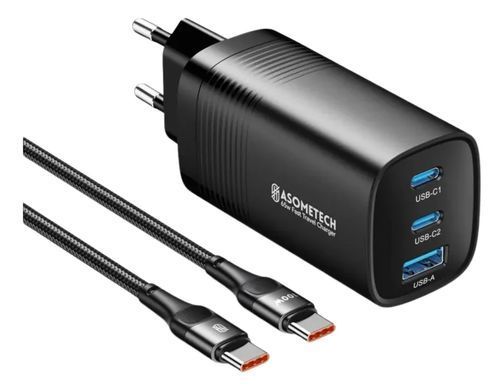 Зарядний пристрій 65W ASOMETECH GaN, 2&times;USB-C + USB-A, EU (чорний) &mdash; RCE-6501