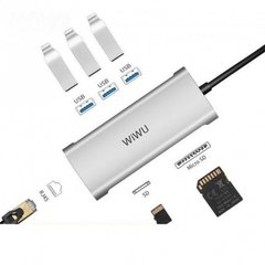 USB-C Хаб 6 в 1 WIWU ALPHA A631STR TYPE-C - 3 USB 3.0 + SD + micro SD + RJ45