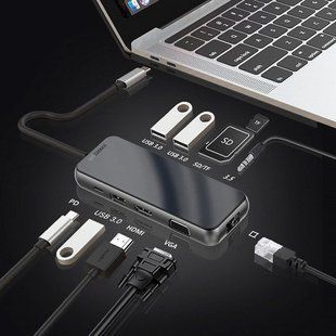 USB C Hub 10-in-1 ZAMAX Type C HUB to 4k HDMI/HDTV + VGA + USB-C + 3 USB 3.0/3.1 + SD + TF + AUX 3.5 mm Audio Port+ RJ45 LAN