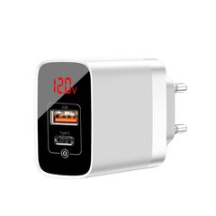 Baseus charger Mirror Lake 2USB QC 3.0/PD type-C with display White 18W