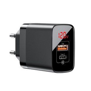 Baseus charger Mirror Lake 2USB QC 3.0/PD type-C with display Black 18W