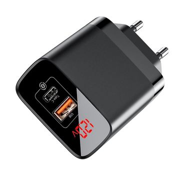 Зарядний пристрій Baseus charger Mirror Lake 2USB QC 3.0/PD type-C with display Black 18W