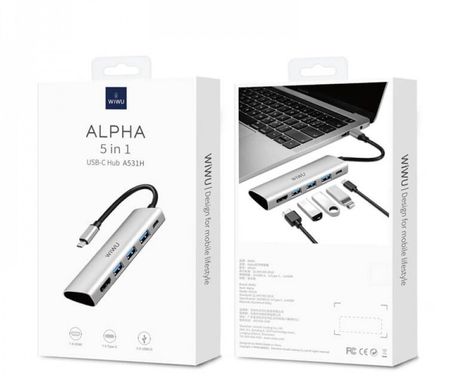 Адаптер WiWU Alpha A531H 5 in 1 USB-C to 3xUSB3.0+1xType-C+1xHDMI USB-C Hub Grey