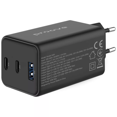 Мережевий зарядний пристрій Proove Pocket GaN 65W (2 Type-C + USB) &mdash; Чорний