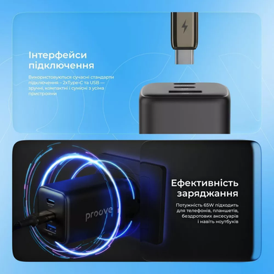 Мережевий зарядний пристрій Proove Pocket GaN 65W (2 Type-C + USB) &mdash; Чорний