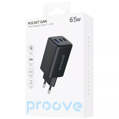 Мережевий зарядний пристрій Proove Pocket GaN 65W (2 Type-C + USB) &mdash; Чорний
