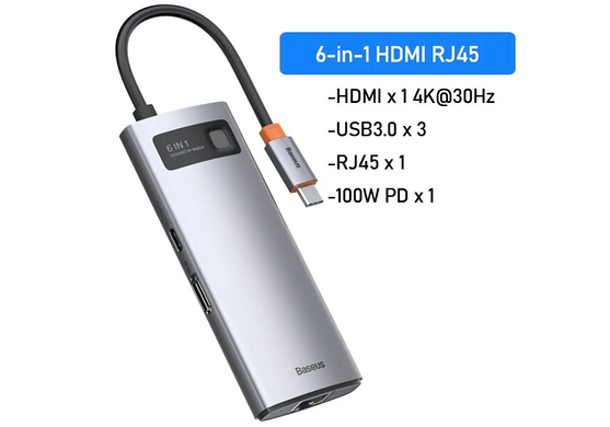 USB Type-C Хаб 6 in 1 Baseus Metal Gleam Series USB-C to 3x USB 3.0 + HDMI + PD + RJ45