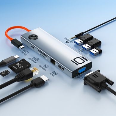 USB Type-C HUB Rock 10 in 1 Type-C TO HDMI+VGA+Audio+USB3.0X3+SD/TF+LAN+PD Multi-function Docking Station